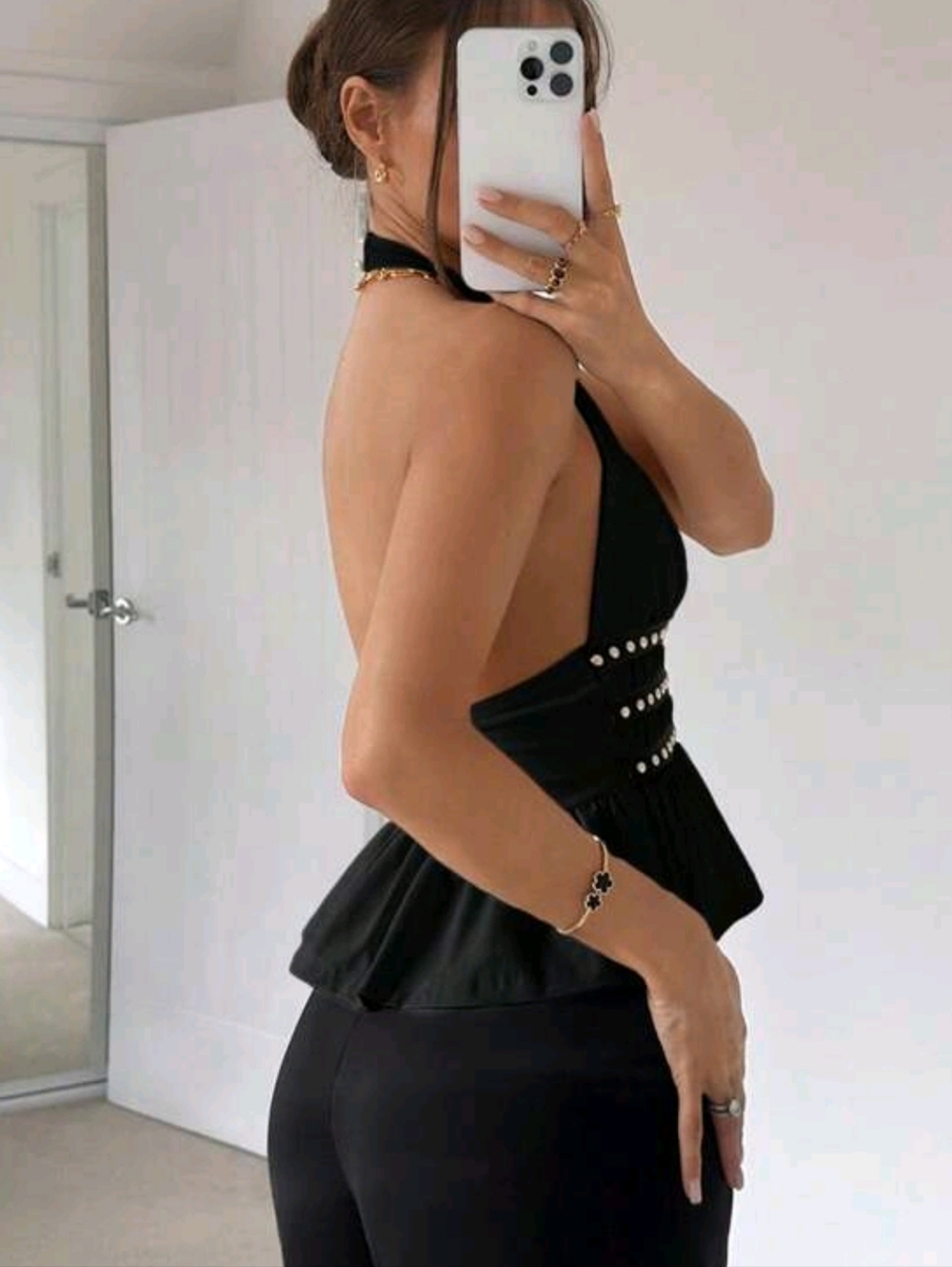 Black Studded Halter Peplum Top - Picture 2 of 6